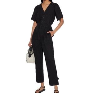 JOIE Bramwell Cropped Linen Jumpsuit Medium Black 100% Linen Lagenlook Casual